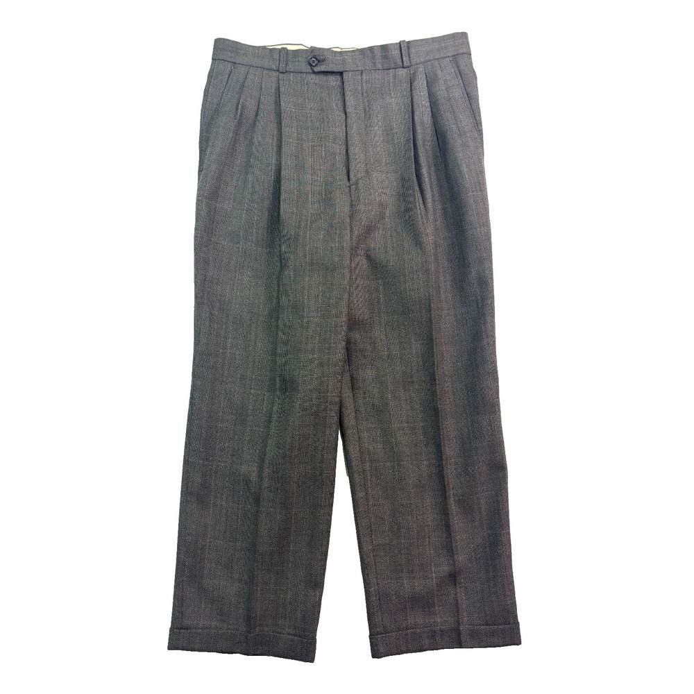 vtg Charcoal Windowpane 38x39‎ Dress Suit Pants 100% Wool Soft Pleated Cuffed